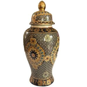 Chinese Hand Painted Vase Zhong Guo Zhi Zao Blue Gold Floral Motif Vintage China